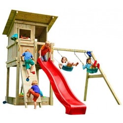 parque infantil de madera con tobogán y columpios